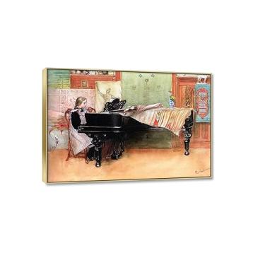 Imagem de JZSDGB Moldura dourada - arte de parede famosa em tela - Carl Larsson Reproduções de pintura a óleo Giclee Impressão em tela de arte de parede - Pôster "tocando piano" Imagens de paisagem para