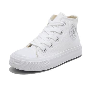 Imagem de opoee Sapatos infantis de cano alto com zíper espadrcanvas de volta às aulas sapatos brancos para adolescentes clássicos infantis tênis para bebês skate, Branco, 11 Narrow Little Kid