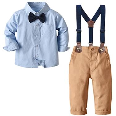 Imagem de Conjunto de roupas para meninos, camisa social de manga comprida e calça cáqui suspensório, smoking com gravata borboleta para recém-nascidos, azul claro, etiqueta 90 = 18-24 meses, Azul claro, 18-24