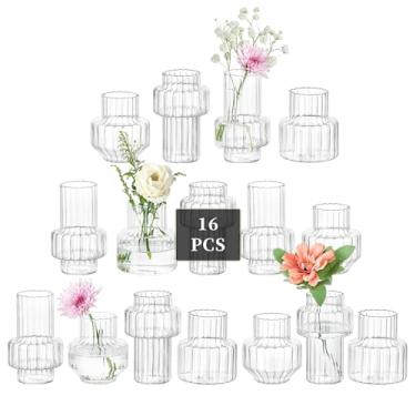 Imagem de Glasseam Vasos de vidro para centros de mesa: 16 peças de vaso transparente pequeno para centro de mesa de casamento a granel - Mini decorações modernas para decoração de sala de estar de casa vintage