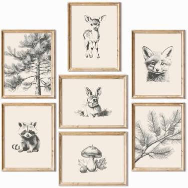 Imagem de Arte de parede de berçário floresta animal lona decoração de parede imagens de quarto de bebê impressões de animais floresta arte de parede infantil pinho árvore pôster natureza vintage arte veado