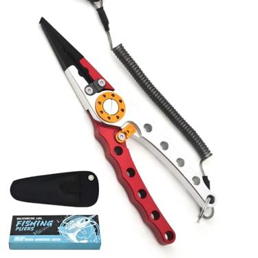 Imagem de Alicate de pesca de água salgada, alicate de pesca, removedor de anzol, ferramentas com bainha e cordão para cortador de linha de pesca trançado, alicate de nariz de agulha de pesca (vermelho branco)