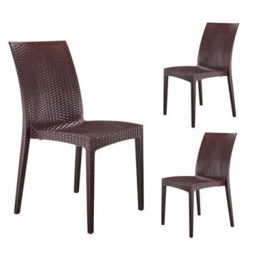 Imagem de Kit 3 Cadeiras Rattan Marrom Cafeteria Empilhavel Resistente Sacada Ár
