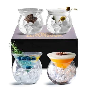 Imagem de LEMONSODA Copos de martini sem haste com refrigerador – Elegante conjunto de copos de coquetel com tigela de servir Cavier – Lindo conjunto de presente de bar martini para margarita, cosmopolitan, coquetéis Manhattan (conjunto de 4)