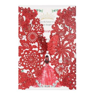 Imagem de Hosmsua 50 peças 13 x 19 cm Convite de quinze anos borboleta vermelha, corte a laser, renda flora marmelo, cartões de convite com envelopes para chá de panela, doce 16, convite de aniversário de XV