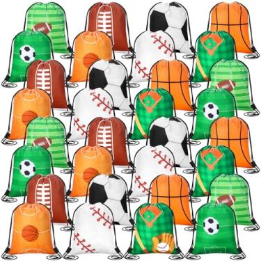 Imagem de Dansydaisy Conjunto de 32 bolsas esportivas com cordão, futebol, beisebol, basquete, tema de festa, futebol, beisebol, guloseimas e doces, presente para amantes de esportes, lembrancinhas de festa de