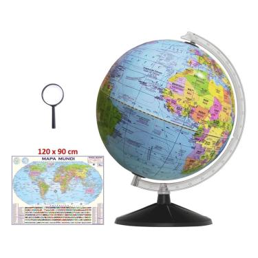 Imagem de Globo Terrestre Político Bilíngue 30cm Base Preta + Mapa Mundi + Lupa