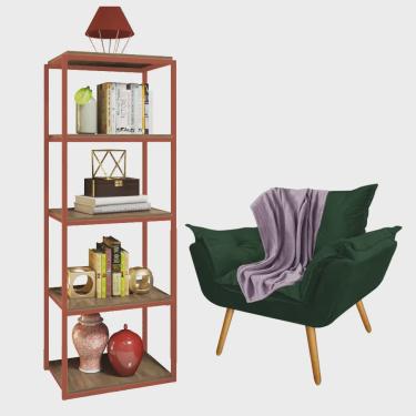 Imagem de Kit Poltrona Fatte com Manta Soft Lilás e Estante Livreiro Ferro Bronze mdf Caramelo Suede Verde Musgo - Ahazzo Móveis