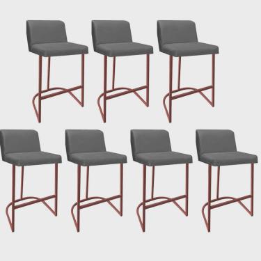 Imagem de Kit 07 Banquetas Com Encosto Noah Luxo Confort Bistrô Cozinha Ferro Bronze Corino Cinza - Ahz Móveis