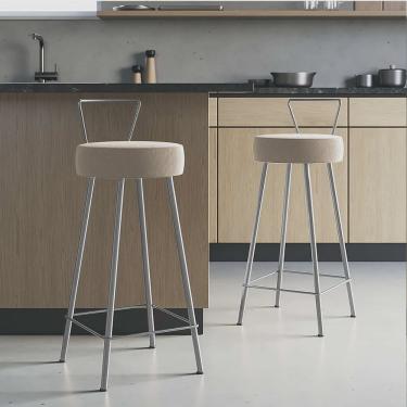 Imagem de Kit 02 Banqueta Alta Com Encosto Tais Eiffel Cozinha Bar Bistrô Ferro Prata Suede Bege - Ahz Móveis