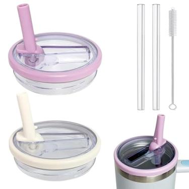 Imagem de WHOLELIVES Canudo flip à prova de vazamento de 1,134 g para tampa Stanley, substituição da tampa do copo sem derramamento para Stanley Tampa de copo de 1,134 g (roxo + bege)