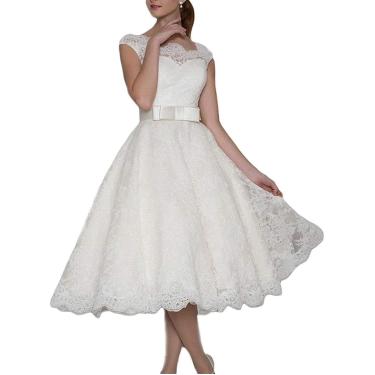 Imagem de Vestido E Vestidos De Noiva Vestido De Escritório Civil E Vestidos De Noiva Renda Mulheres Coquetel Com Cinto, Ivory White, 56