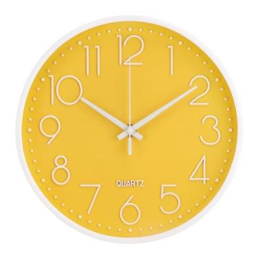 Imagem de bakbrand Relógio de parede 25,4 cm sem tique-taque, silencioso, moderno, estilo simples, decoração redonda, relógio amarelo estereoscópico, relógios de parede de quartzo para casa/escritório/escola