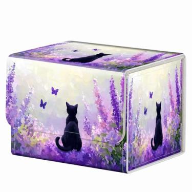Imagem de RMJKXQZG Caixa de baralho com ímã forte MTG Demon Deck Box Magic The Gathering Commander, caixa de armazenamento de cartas colecionáveis com estampa criativa para jogos colecionáveis, gato roxo