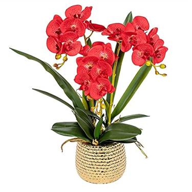Imagem de Flor artificial orquídea flor artificial com vaso Phalaenopsis plantas falsas para decoração de casa, decoração de sala de estar (vermelho)