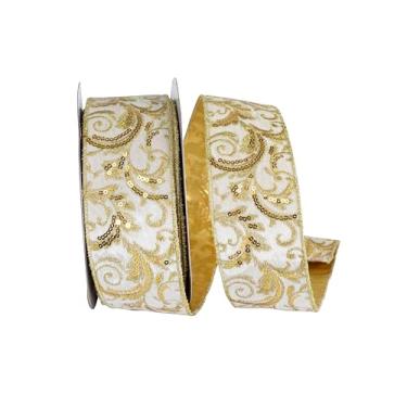 Imagem de Reliant Ribbon Fita com fio de veludo bordado de lantejoulas filigrana, marfim/dourado