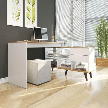 Imagem de Mesa Escritório em L com 2 Gavetas Retrô Branco Tampo Carvalho 76x145cm