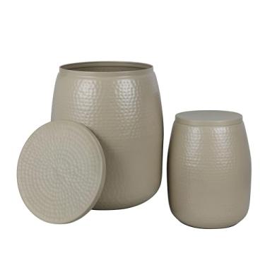 Imagem de happimess SSL2002D-2 conjuntos Merida Modern Rustic 2 peças mesas laterais de armazenamento de tambor de metal martelado com tampas, mesa de canto para decoração na sala de estar, quarto, banheiro