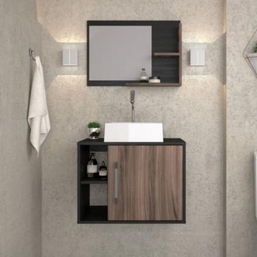 Imagem de Conjunto para Banheiro Gabinete com Cuba Quadrada Q32 e Espelheira Laura Preto ônix Nogal