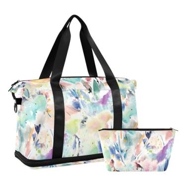Imagem de Linda bolsa de viagem expansível de fim de semana para mulheres com bolso molhado e compartimento de sapatos, bolsa hospitalar essencial para trabalho de parto e parto, Flor azul aquarela, One Size