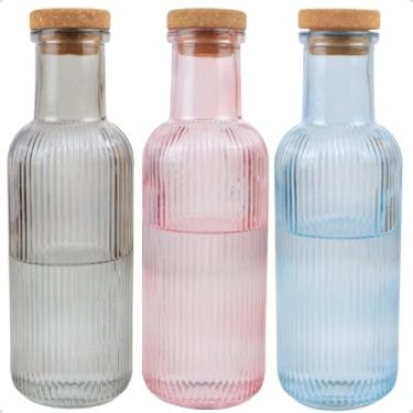 Imagem de Kit 3 Garrafas de Vidro Canelado para Água Suco 1 Litro Colorida Grace com Tampa Rolha (Azul - Rosa - Preta)