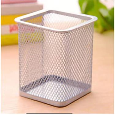 Imagem de Metal Mesh Pen Pen Porta de Desktop Rack de Armazenamento Supplies para Escrever Escovas de Maquiagem de Canetas Pretas (Cor de forma quadrada de prata)