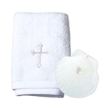 Imagem de Toalha de batismo com conjunto de concha de batismo - toalha de batismo para meninos e meninas, pano de batismo branco com cruz bordada, tecido batismal 100% algodão, presentes batismais para bebês