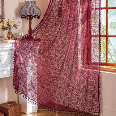 Imagem de Kotile Cortina de renda marrom 213 cm de comprimento 1 painel vintage crochê floral borgonha transparente cortina com borlas para sala de estar, bolso de haste, filtro de luz, privacidade, armário