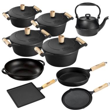 Imagem de Jogo De Panelas 9 Peças Em Ferro Fundido E Alça De Madeira Panela Mineira