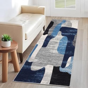 Imagem de COZYLOOM Tapetes longos estreitos de corredor com estampa abstrata 5 x 15 cm com fundo antiderrapante, tapete de lã sintética ultramacia, tapetes internos que não caem para cozinha, quarto, azul