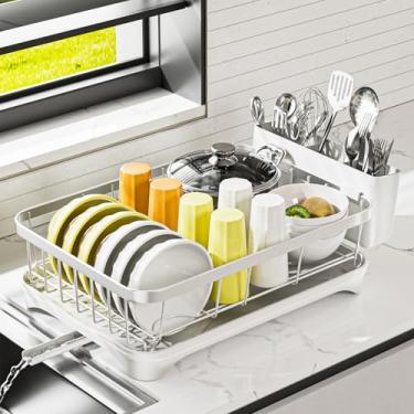 Imagem de arshray Escorredor de pratos de aço inoxidável 304 para bancada de cozinha, coador com bandeja de drenagem ajustável, escorredor de cozinha com suporte de talheres, branco