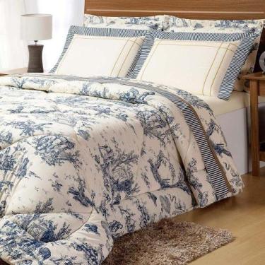 Imagem de Kit Edredom Casal Queen 180 Fios Estampado - Palha/ Azul - Casa Linda 