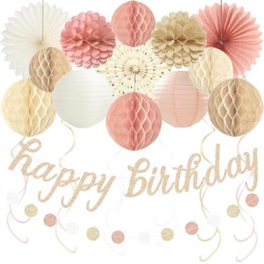 Imagem de Decorações de feliz aniversário rosa boho, faixa pré-amarrada de feliz aniversário com bolas de favo de mel, flores de papel, lanternas, ventiladores, redemoinhos pendurados, guirlanda de pontos