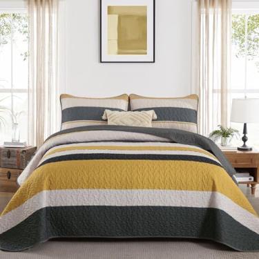 Imagem de Conjunto de colcha boho Queen, colcha listrada, amarela, conjunto de cama de 3 peças, conjunto de colcha leve de micofibra com 2 fronhas para o verão, 248 cm x 239 cm