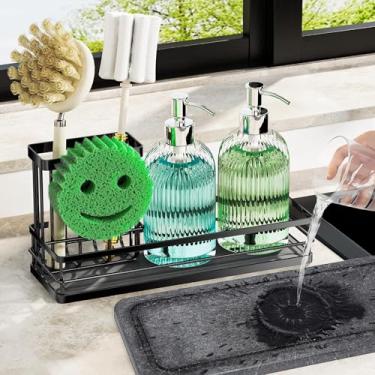 Imagem de galasily Organizador de pia com bandeja de pedra absorvente de água, suporte de esponja de secagem instantânea para rosto sorridente, suporte de escova de pratos para bancada, acessórios de