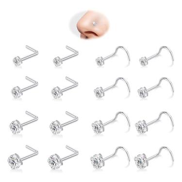 Imagem de 16 peças de piercing de nariz - 20 g brincos de parafuso de nariz dourado/prata hipoalergênico 316L aço inoxidável cirúrgico 316L joia em forma de L e parafuso de rolhas para mulheres homens diamante