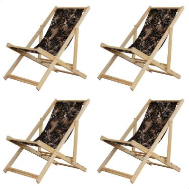Imagem de Kit 4 Espreguiçadeiras Preguiçosa Dobrável sem Braço Madeira Maciça com Tecido Colorido