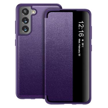 Imagem de Capa flip para Samsung Galaxy S21 Plus S View, capa protetora completa 360 graus fosca translúcida transparente para Samsung S21+, capa flip de luxo para Samsung S21 Plus (roxa)