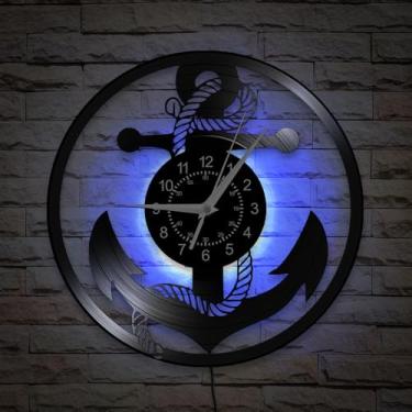 Imagem de TIMEGLOW Relógio de parede com âncora e roda de barco de 30 cm, 7 tipos de cores de LED, relógio de parede náutico costeiro vintage, decorativo, luz noturna, relógio de parede, movimento silencioso