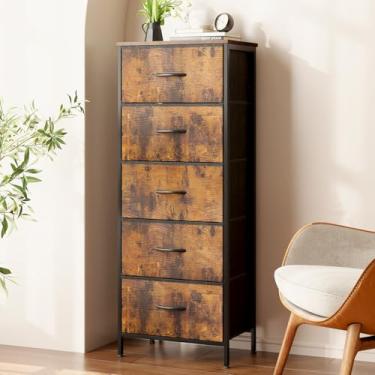 Imagem de AODK Cômoda para quarto com 5 gavetas de armazenamento, cômoda pequena de 122 cm, cômoda de tecido com moldura de aço resistente, marrom
