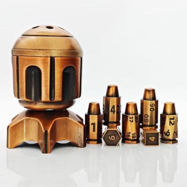 Imagem de Metal Polyhedral Bullet Dice Set of 7 with Spinning Missile Shaped Cylinder Container-2025 Cyberpunk Style Torpedo Shaped Dice Container for D&D Sci-Fi, War, or Crime Theme Tabletop Games (Gold)