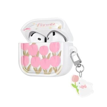 Imagem de CameCosy Capa compatível com AirPods 4 Geração 2024 com pingente, linda capa de flor com estampa de tulipas rosa para meninas e mulheres, capa protetora em TPU à prova de choque, antiarranhões