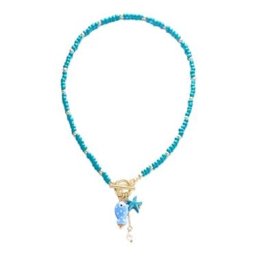 Imagem de NOVYRA Colar com contas coloridas, boêmio, colorido, pequeno, peixe e estrela-do-mar, colar feito à mão, praia, verão, surfista, gargantilha, joias modernas para mulheres, adjustable, Metal, Sem Pedra