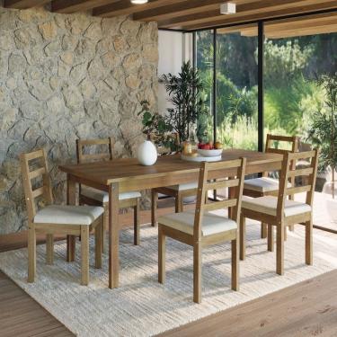 Imagem de Conjunto para Jardim Madeira Maciça Mesa 160x80cm Cadeiras Assento Estofado Itália Cera Envelhecido / Palha