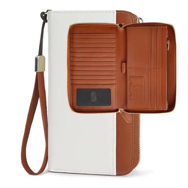 Imagem de Sunpour Carteira de viagem grande para mulheres, carteira com zíper RFID com compartimento para AirTag, bolsa de mão para passaporte com alça de pulso, Bege e marrom, 8.3 x 4.5 x 1.2 inches, Clássicos