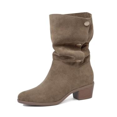 Imagem de starmerx Bota feminina de camurça, cano médio, 3 vias, dobrável, salto grosso, outono inverno, Caqui, 36