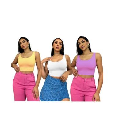 Imagem de KIT 3 Top Cropped Regatinha Básico Liso - TRIBO MODA, AMARELO/BRANCO/L