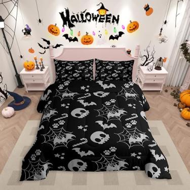 Imagem de Erosebridal Jogo de cama solteiro cinza fofo para Halloween, teia de aranha, caveira, morcego, gótico, assustador, gótico, animal, conjunto de edredom para crianças e adultos