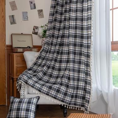 Imagem de Erbnaryx Cortina xadrez 140 cm L x 246 cm C, 2 painéis de filtro de luz com bolso para varão, privacidade, borlas, vintage, decoração country. Cortina tartã texturizada drapeada para sala de estar e