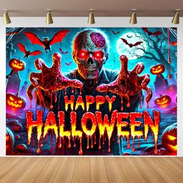 Imagem de BlissYard Tapeçaria assustadora de zumbi feliz dia das bruxas luz negra brilha no escuro UV reativo terror, decoração de cemitério assombrado assustador com morcegos de abóboras para quarto sala de